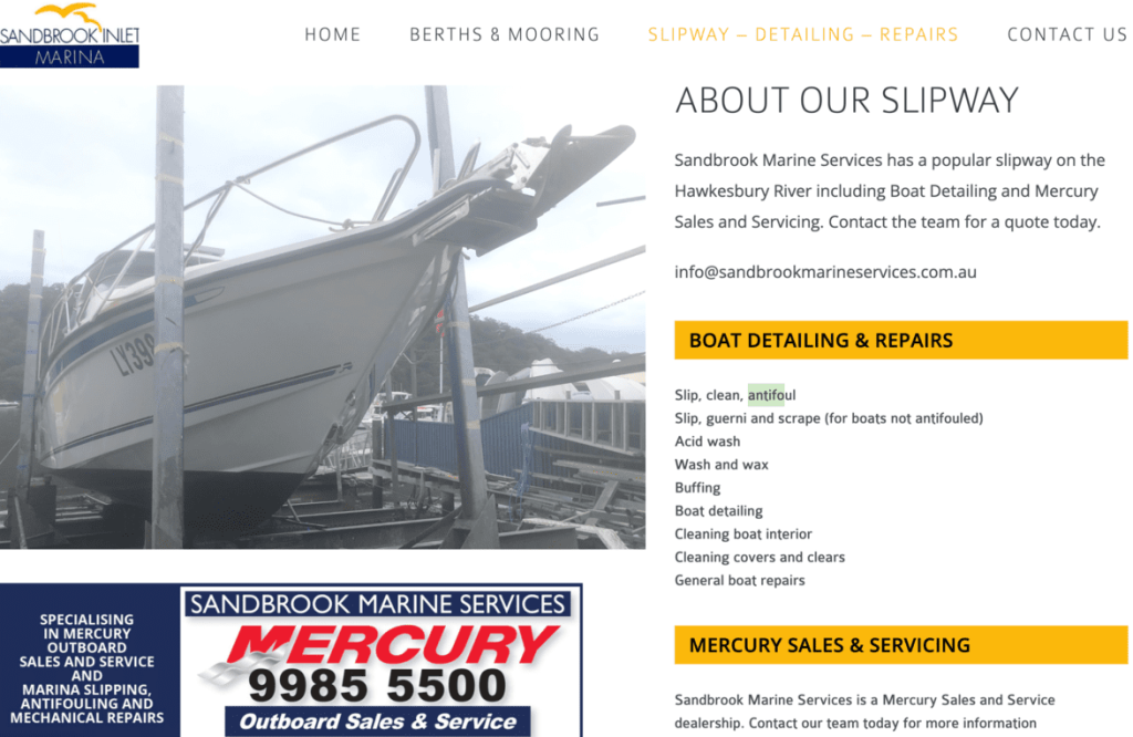 Boat Antifouling Services in Hawkesbury River Sandbrook Inlet Marina website